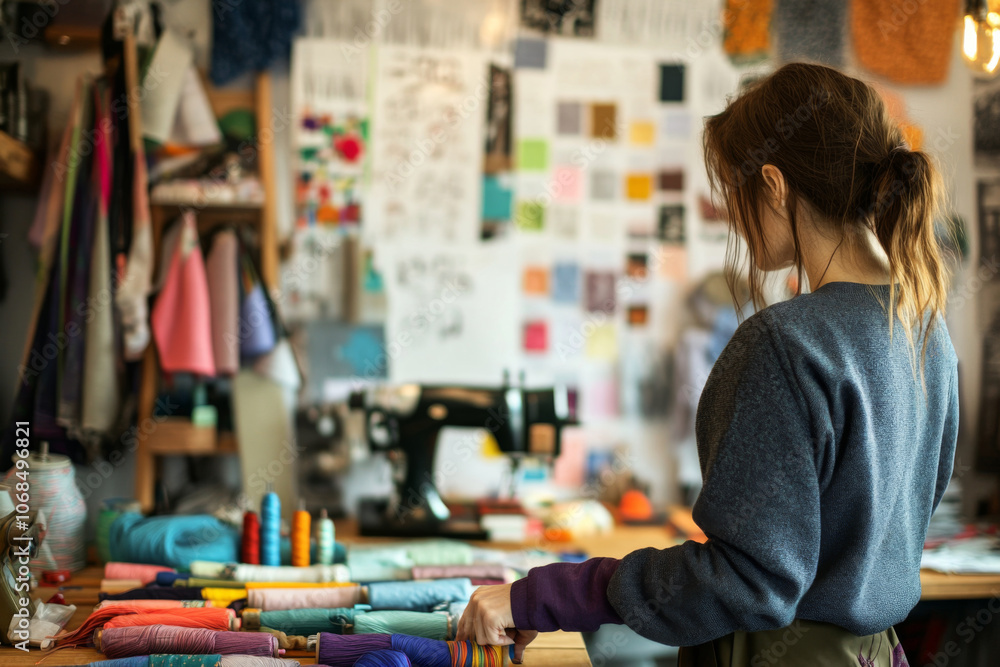 Fototapeta premium In a bright, cluttered studio, a seamstress methodically arranges her sewing materials while surrounded by sketches and vibrant threads, preparing for her next project.