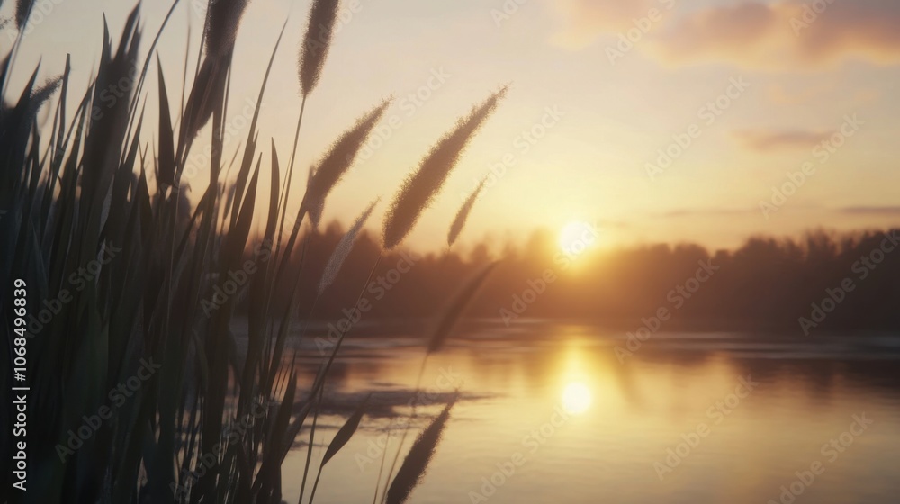 Sunset Serenity: Reeds and Lake in Super-Realistic Macro Sunset Serenity: Reeds and Lake in Super-Realistic Macro