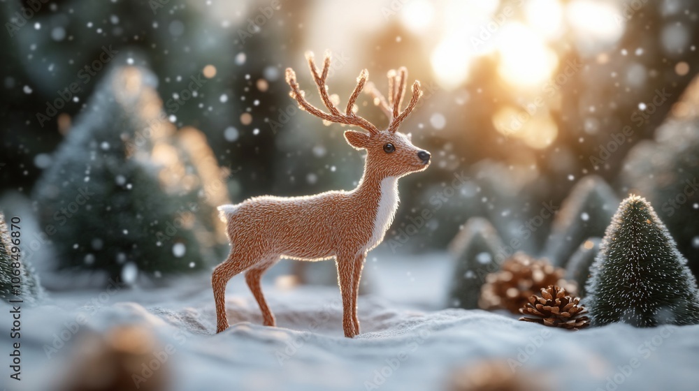 A small reindeer figurine stands in a snowy forest with the sun shining through the trees. A small reindeer figurine stands in a snowy forest with the sun shining through the trees.