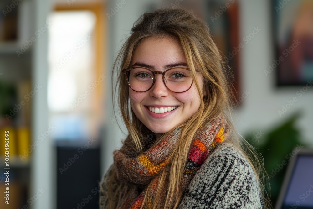 Cheerful Young Woman in Cozy Sweater and Scarf, Radiating Positivity in a Bright, Inviting Workspace Setting Cheerful Young Woman in Cozy Sweater and Scarf, Radiating Positivity in a Bright, Inviting Workspace Setting