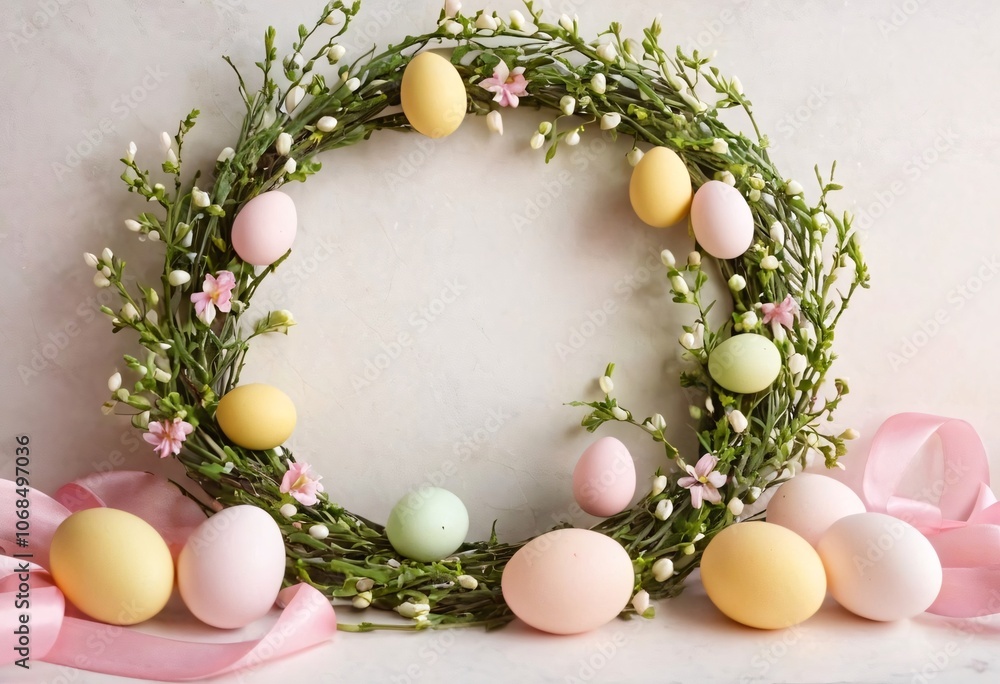 Pastel Easter Wreath made of willow branches, decorated with colorful eggs and delicate pink flowers Pastel Easter Wreath made of willow branches, decorated with colorful eggs and delicate pink flowers