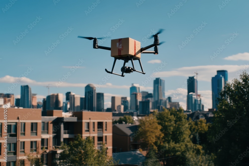 Drone delivering a package over a bustling urban landscape, showcasing modern delivery technology in action. Drone delivering a package over a bustling urban landscape, showcasing modern delivery technology in action.