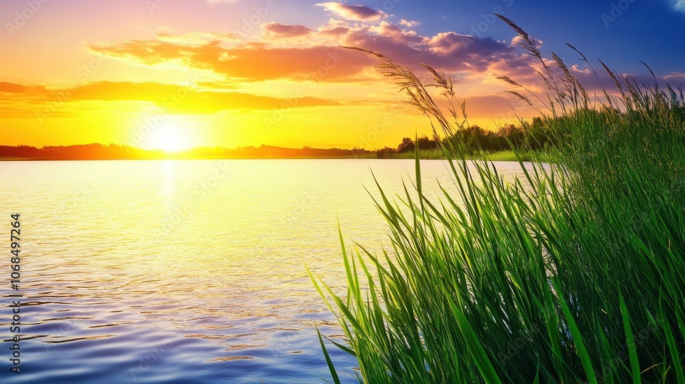 Sunset Serenity: Reeds and Lake in Super-Realistic Macro Sunset Serenity: Reeds and Lake in Super-Realistic Macro