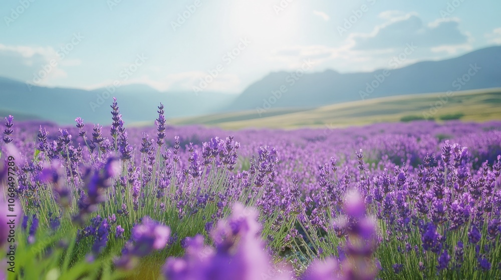 Fototapeta premium Lavender field in full bloom under a clear sky, symbolizing relaxation and natural beauty