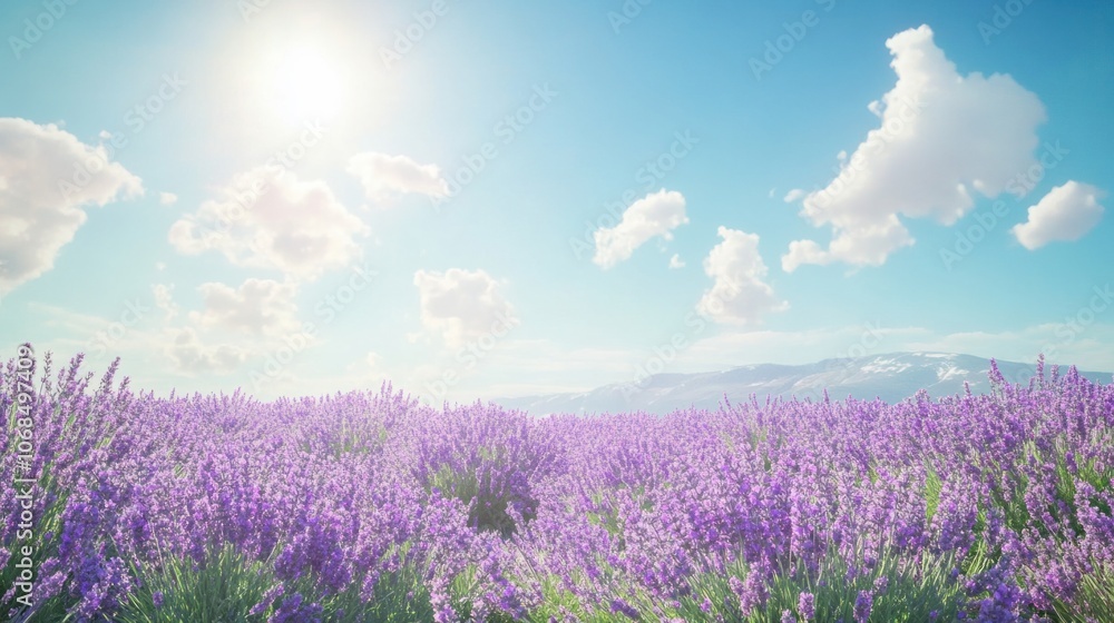 Lavender fields in full bloom under a sunny sky, symbolizing calm and relaxation in a flower garden Lavender fields in full bloom under a sunny sky, symbolizing calm and relaxation in a flower garden