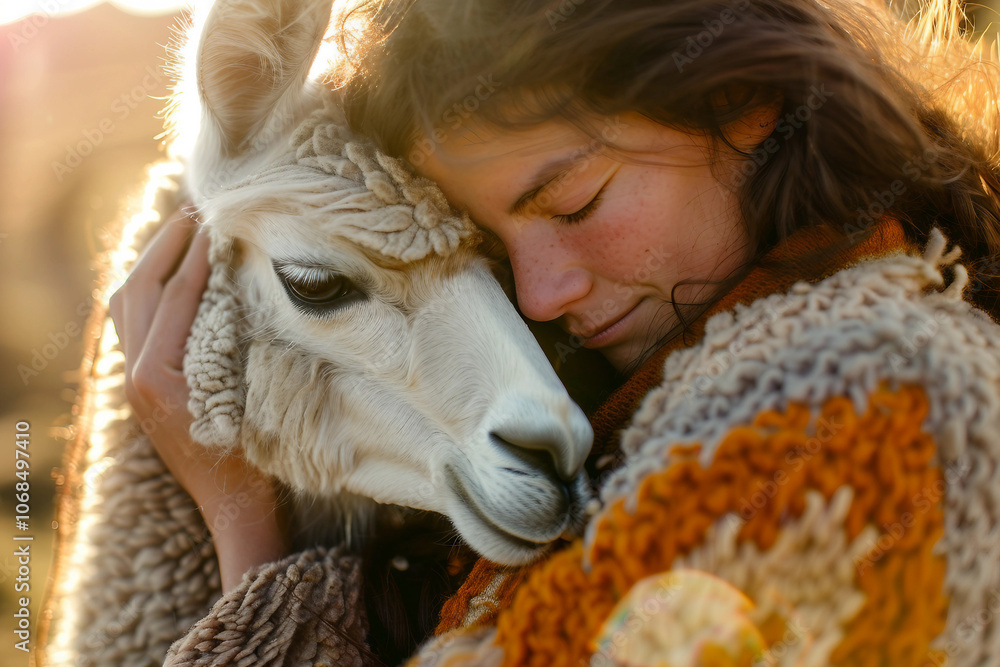 Fototapeta premium Generated AI portrait of alpaca in rural countryside farm