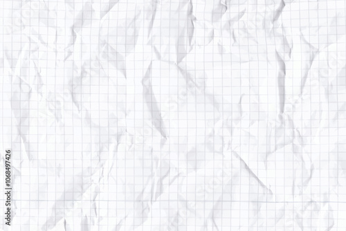 Crumpled checkered page texture background. White mathematics crumpled paper sheet with space for text