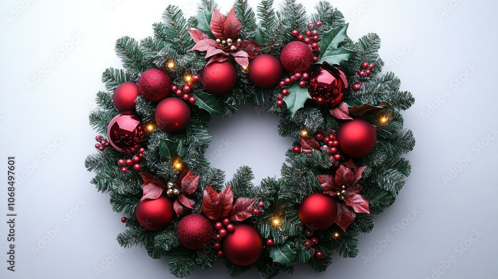 A red and green Christmas wreath with sparkling lights, isolated A red and green Christmas wreath with sparkling lights, isolated