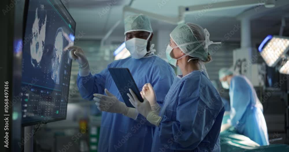 Black Male and Caucasian Female Surgeons Analyze Brain Scans on a Digital Monitor, Planning Surgical Strategy in a High-tech Operating Room. Colleagues Working Together, Preparing for Surgery
