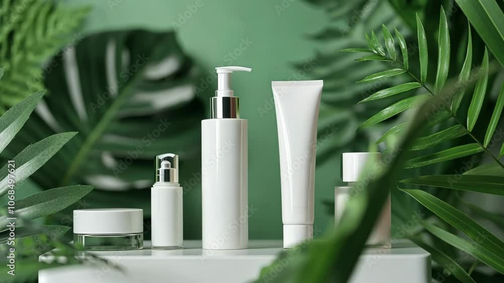 White cosmetic bottles are arranged on a shelf in front of a leafy green backdrop White cosmetic bottles are arranged on a shelf in front of a leafy green backdrop