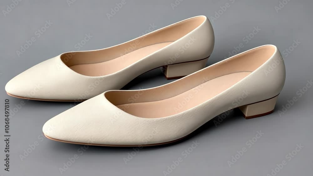 A pair of white low-heeled shoes with a pointed toe are displayed on a gray background A pair of white low-heeled shoes with a pointed toe are displayed on a gray background