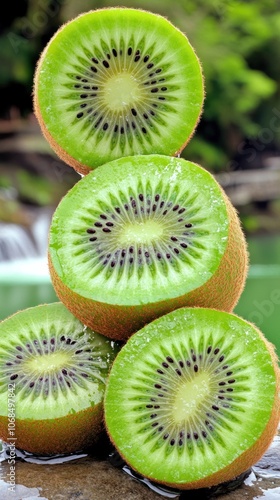 A stack of sliced kiwifruits showcasing their vibrant green interior and black seeds. photo