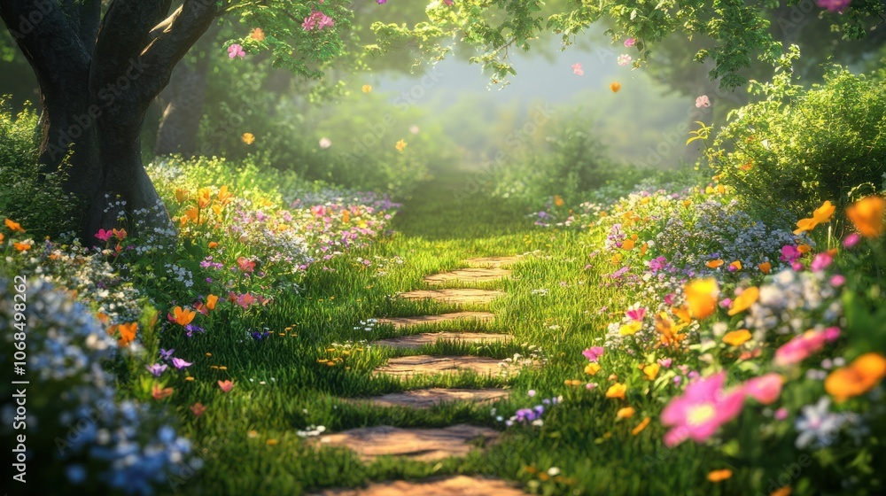 Fototapeta premium Pathway surrounded by blooming wildflowers, symbolizing peace and the charm of a natural garden