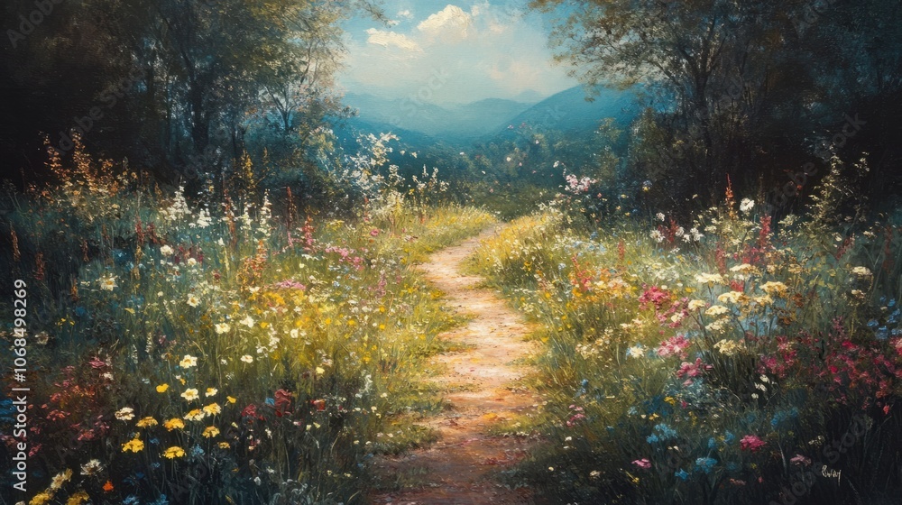Pathway surrounded by blooming wildflowers, symbolizing peace and the charm of a natural garden Pathway surrounded by blooming wildflowers, symbolizing peace and the charm of a natural garden