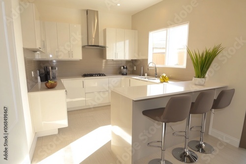 Modern Kitchen with White Cabinets, Stainless Steel Appliances, and Bar Seating