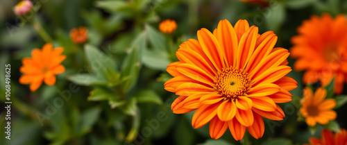 Bright orange flowers in lush green garden