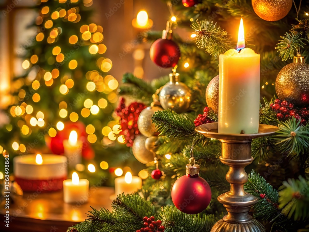 Macro Photography of a Candle on a Candlestick Near a Christmas Tree, Celebrating the Magic of Christmas and New Year Festivities, Warm Glow, Holiday Decor, Cozy Atmosphere, Joyful Moments Macro Photography of a Candle on a Candlestick Near a Christmas Tree, Celebrating the Magic of Christmas and New Year Festivities, Warm Glow, Holiday Decor, Cozy Atmosphere, Joyful Moments