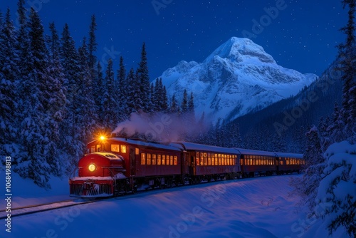 A vintage train travels along a snow-covered track surrounded by tall pine trees and majestic mountains, emitting steam against a twinkling night sky