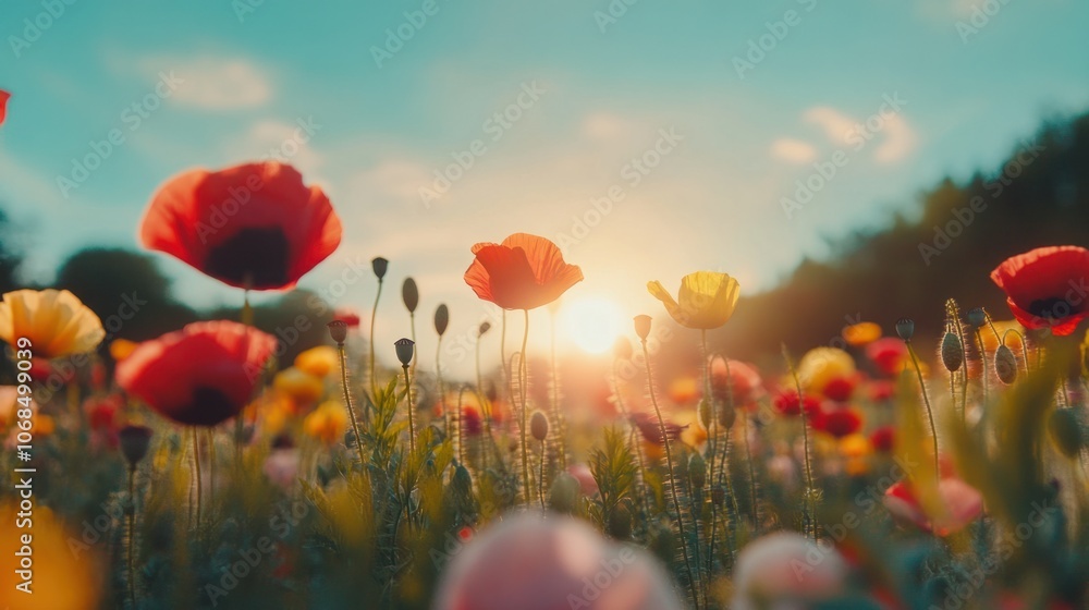 Obraz premium Sunny field of red and yellow poppies, symbolizing joy and the beauty of a summer garden