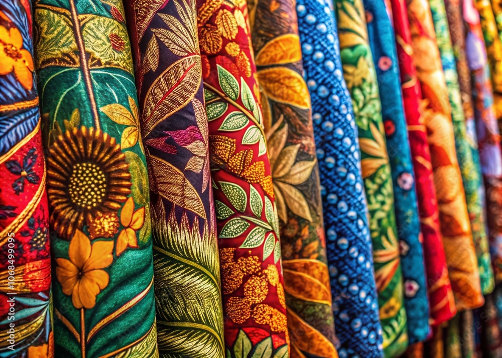 Macro Photography of Ecoprint Batik Cloth in a Shop Featuring Leaf and Flower Motifs, Capturing the Intricacies of Indonesian Batik Designs and Abstract Patterns Macro Photography of Ecoprint Batik Cloth in a Shop Featuring Leaf and Flower Motifs, Capturing the Intricacies of Indonesian Batik Designs and Abstract Patterns