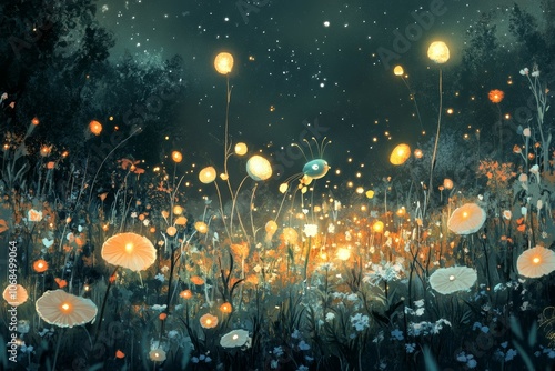 Enchanted Night: A Dreamy Landscape of Glowing Flowers Illuminated Under a Starry Sky