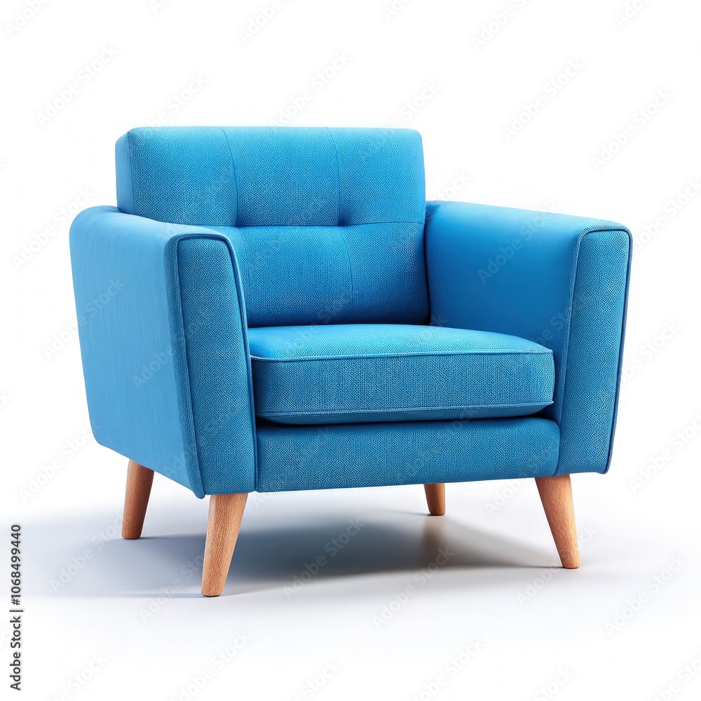 Stylish blue sofa chair with wooden legs on a white background for modern decor. Generative AI Stylish blue sofa chair with wooden legs on a white background for modern decor. Generative AI