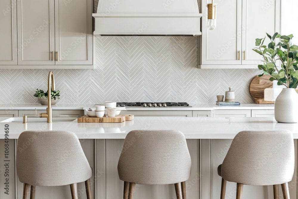 Three Beige Fabric Stools in a Modern Kitchen with White Cabinets and Herringbone Tile Backsplash Three Beige Fabric Stools in a Modern Kitchen with White Cabinets and Herringbone Tile Backsplash