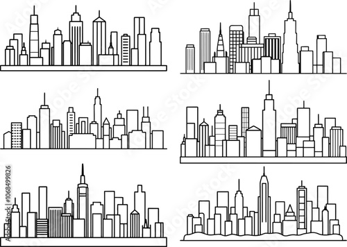 Set of City Skyline Outline Vector Illustration