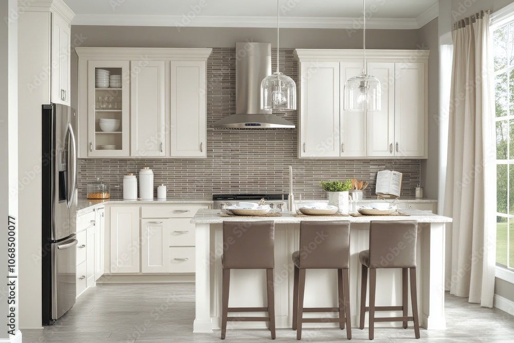 Fototapeta premium Modern Kitchen with White Cabinets, Island, and Glass Pendant Lights