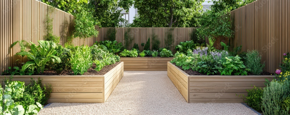 Serene garden allotment with raised beds, mulched paths, and lush privacy plants creating a tranquil retreat. Serene garden allotment with raised beds, mulched paths, and lush privacy plants creating a tranquil retreat.