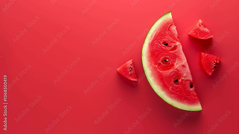 A close-up image of a watermelon on a red background. The watermelon is cut into three slices, with one large slice and two smaller slices. A close-up image of a watermelon on a red background. The watermelon is cut into three slices, with one large slice and two smaller slices.