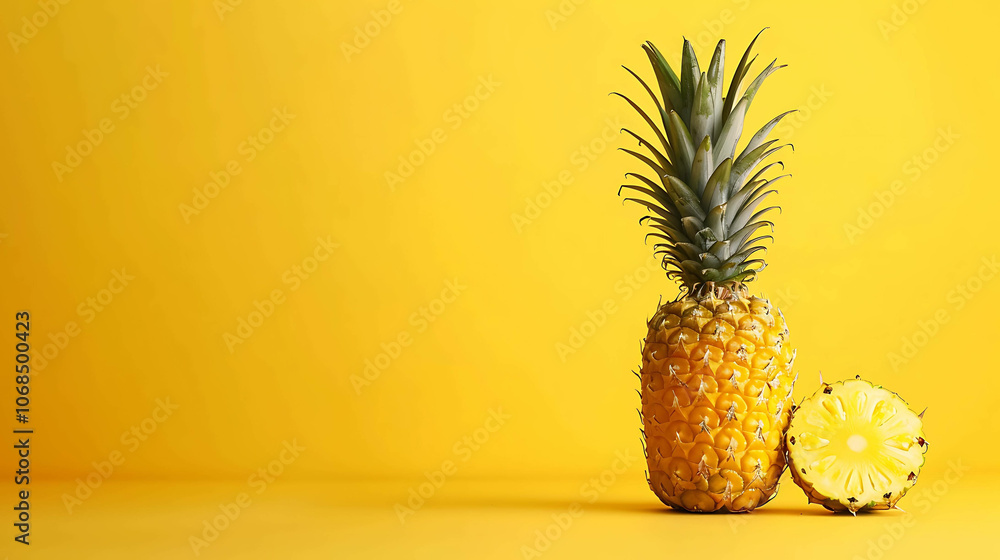 A large, ripe pineapple sits on a solid yellow background. The pineapple is in focus, and the background is slightly blurred. A large, ripe pineapple sits on a solid yellow background. The pineapple is in focus, and the background is slightly blurred.