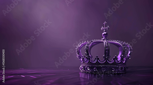 3D rendering of a silver crown with diamonds on a purple background.