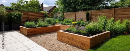 Serene garden allotment with raised beds, mulched paths, and lush privacy plants creating a tranquil retreat.