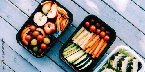 A vibrant mix of fruits and veggies in containers on a wooden surface. Generative AI