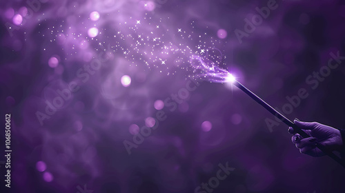 A hand holding a magic wand with a glowing purple light at the tip. The background is a dark purple with sparkles of light.