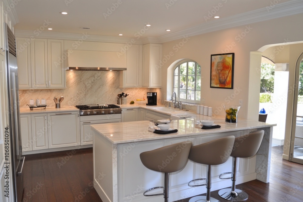 Modern White Kitchen with Marble Island and Bar Stools Modern White Kitchen with Marble Island and Bar Stools