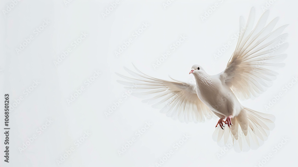 Obraz premium A beautiful white dove is flying with its wings spread wide. The dove is a symbol of peace and hope.