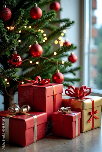 Stock photo of gift boxes in shiny, colorful wrapping paper under a holiday tree, baubles and fairy lights for decoration, soft holiday lighting