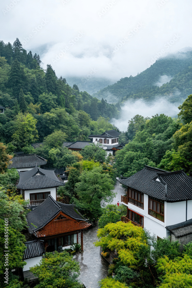 Fototapeta premium Aerial view of village in hill with mountain and forest covered in mist