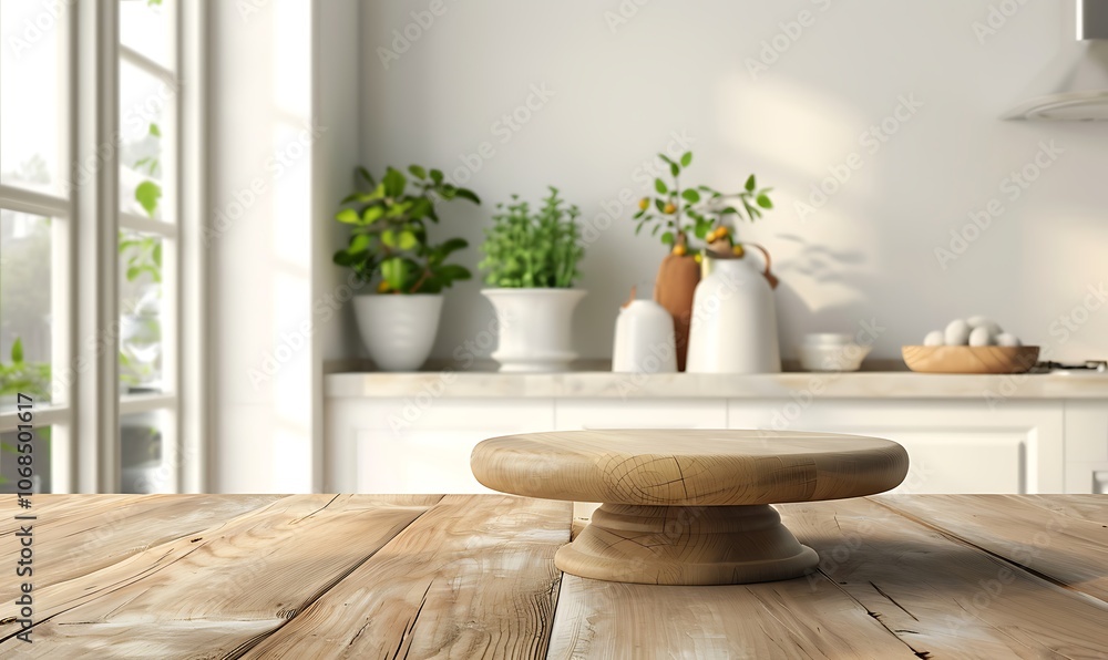 Wooden round table in modern kitchen, closeup Wooden round table in modern kitchen, closeup