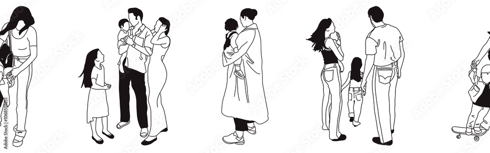 Hand-drawn doodle family border. Outline family clipart. Hand-drawn black art. Hand-drawn doodle family border. Outline family clipart. Hand-drawn black art.