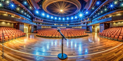 Microphone on Stand in Empty Auditorium - Captivating Panoramic View for Event Spaces, Music Venues, Public Speaking, Stage Design, and Audio Equipment Imagery