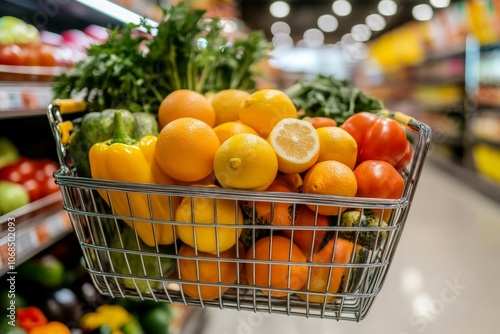 Vibrant Produce Selection: Fresh Citrus and Colorful Vegetables in a Shopping Basket, Perfect for Healthy Meals and Nutritional Goodness