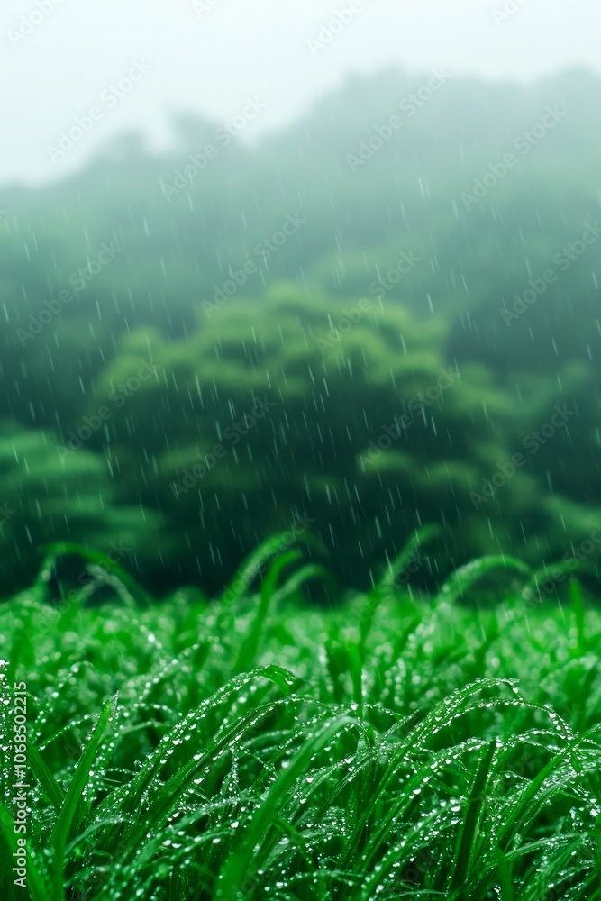 Rain falls steadily on a vibrant rice field, where droplets collect on the lush green blades, creating a tranquil atmosphere in a dense wooded area Rain falls steadily on a vibrant rice field, where droplets collect on the lush green blades, creating a tranquil atmosphere in a dense wooded area