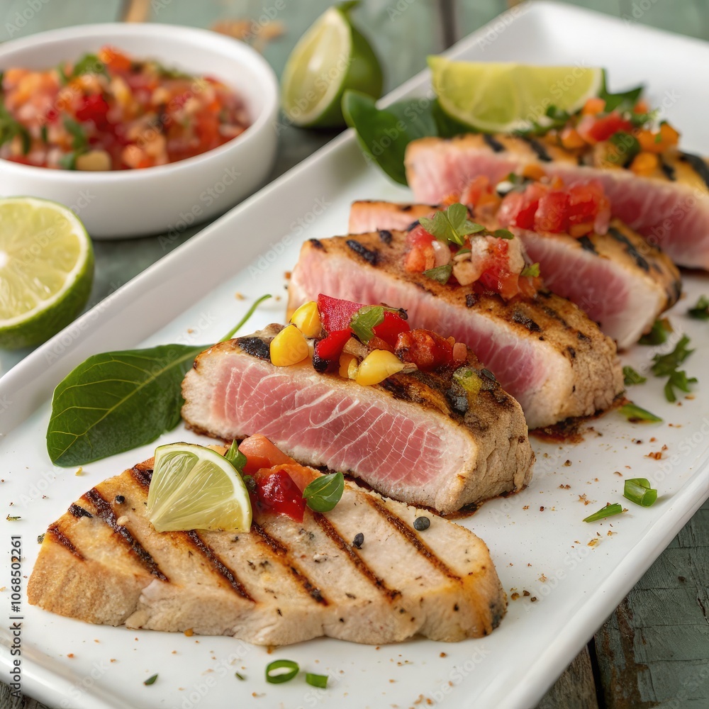 Sliced tenggiri fish garnished with salsa and lime on a rustic wooden table. Generative AI Sliced tenggiri fish garnished with salsa and lime on a rustic wooden table. Generative AI