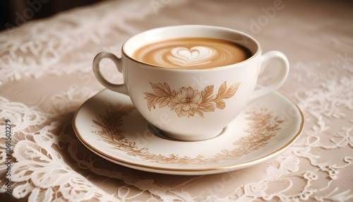 a vintage porcelain coffee cup and saucer with delicate floral patterns, filled with latte art of a swan, set on a lace tablecloth create with ai