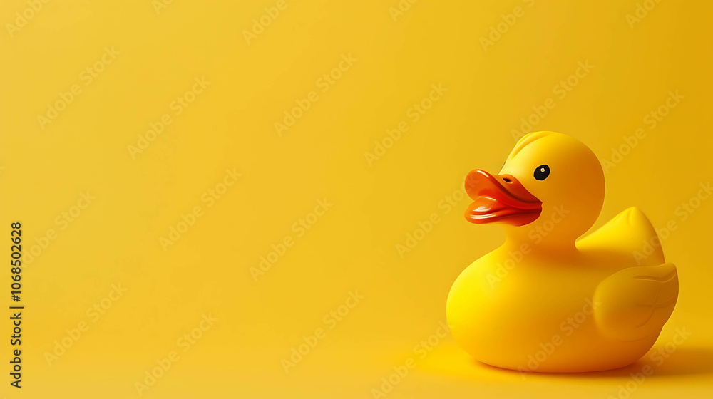 A yellow rubber duck floats on a yellow background. The duck is facing the left of the frame and is looking at the camera. A yellow rubber duck floats on a yellow background. The duck is facing the left of the frame and is looking at the camera.
