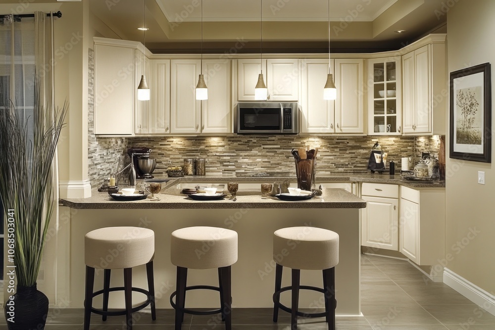 Fototapeta premium Modern Kitchen Island with White Cabinets and Pendant Lights