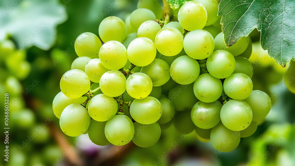 Close up of ripe green grapes shy muscat hanging on the vine in a vineyard ready for harvest. Close up of ripe green grapes shy muscat hanging on the vine in a vineyard ready for harvest.